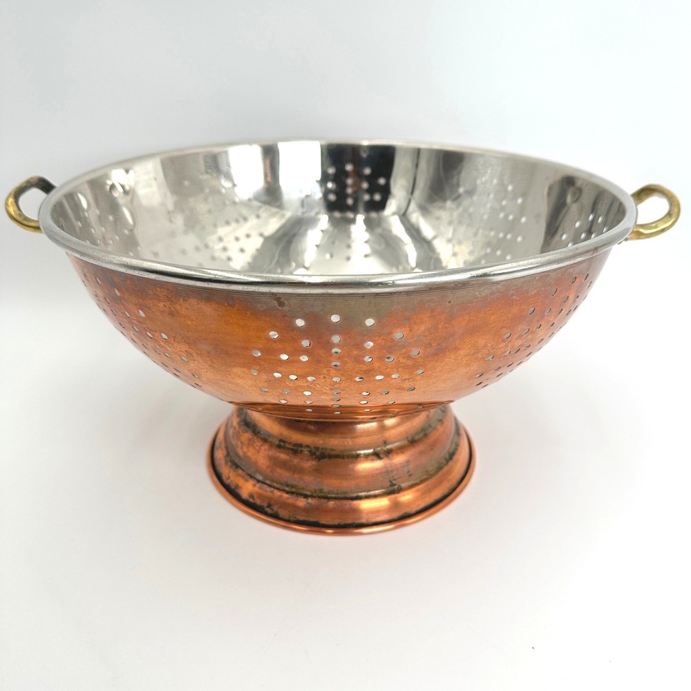 Vintage Large 12" Copper Colander Brass Handles Stainless Strainer Farmhouse
